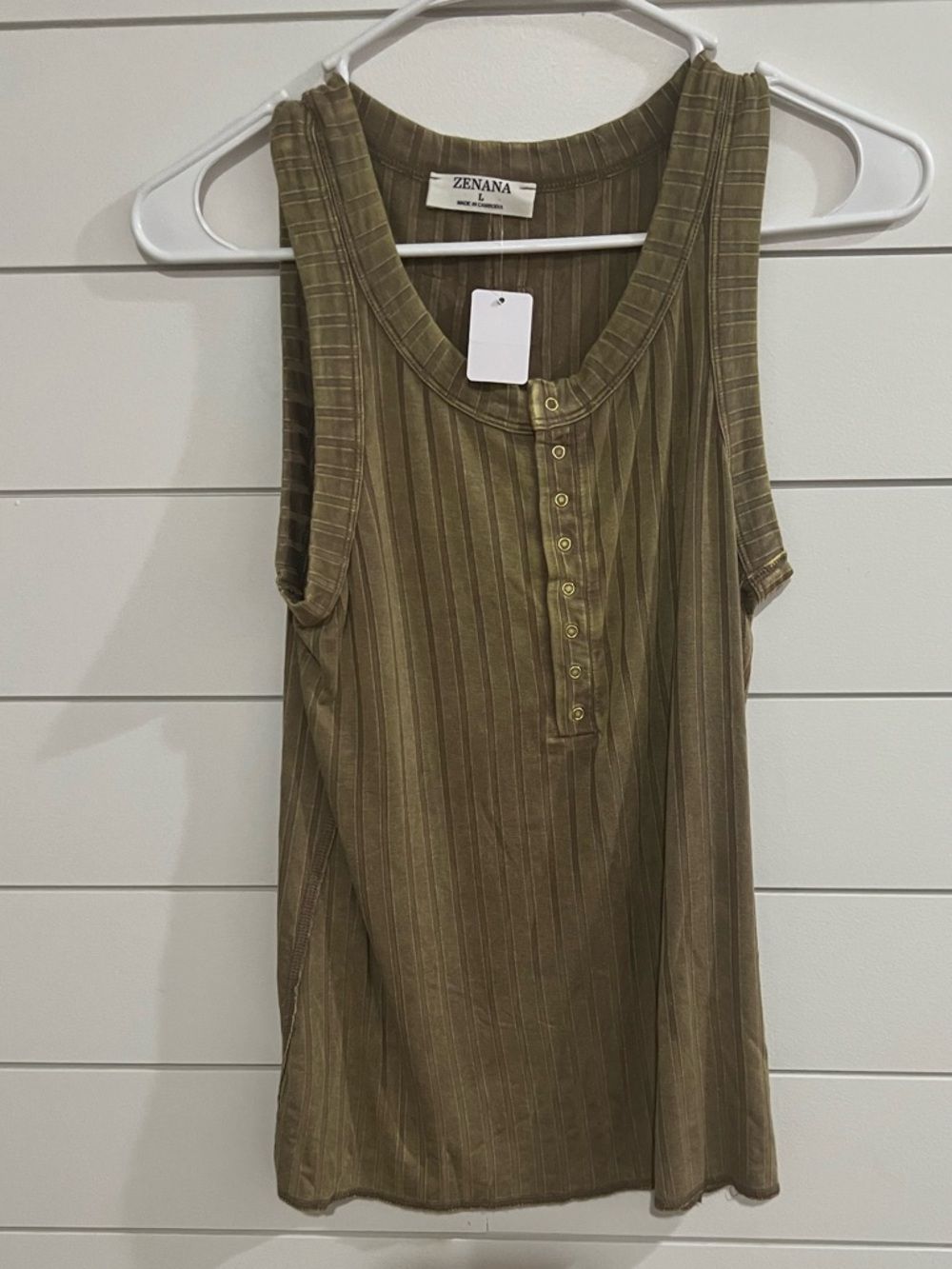 Zenana Outfitters Olive Green Ribbed Henley Tank with Button Front